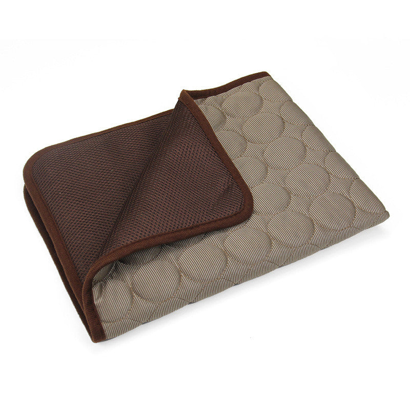 Self-cooling pet mat in Brown, folded to show quilted top and breathable mesh underside