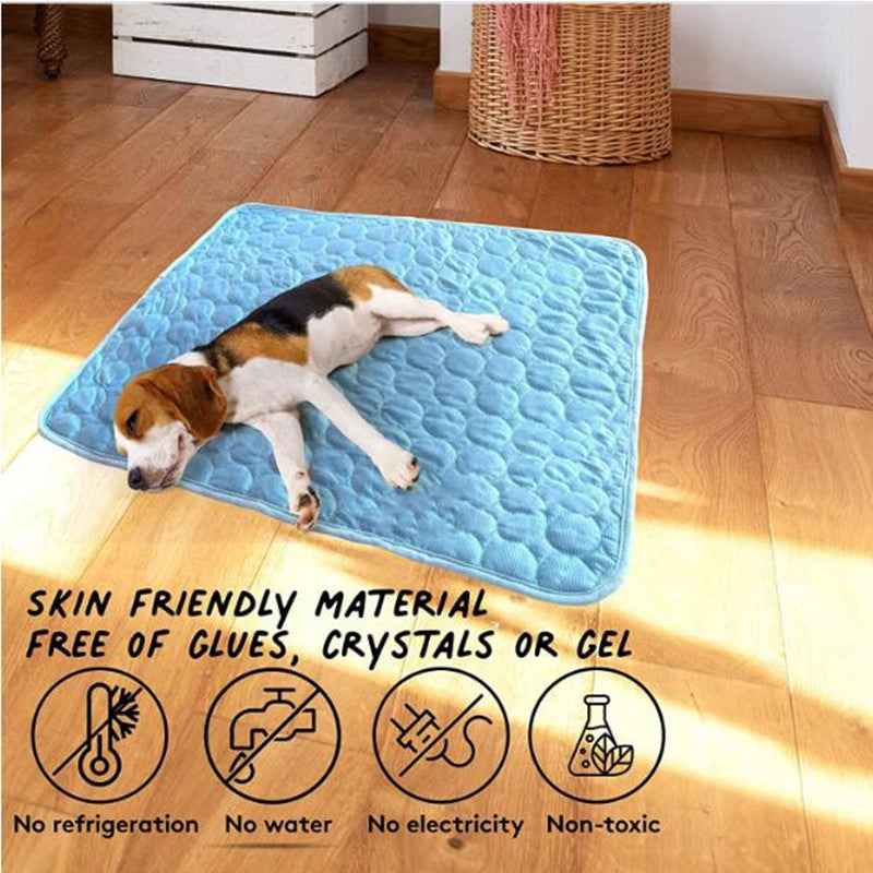 Beagle resting comfortably on a Light Blue self-cooling pet mat