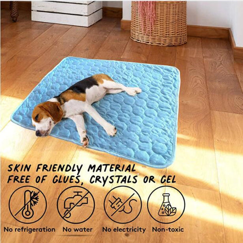 Beagle resting comfortably on a Light Blue self-cooling pet mat